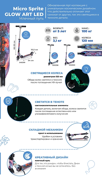 Самокат Micro Sprite Glow (светится в темноте) LED, Art Млечный путь — фото 2