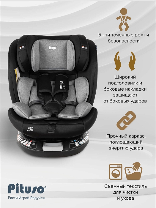 Автокресло 0-36 кг Pituso Roys+ Black,Grey Inlay /Черный, Серый вкладыш — фото 12