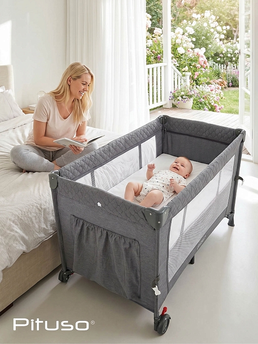 Манеж-кровать Pituso Valencia с опускающимся бортиком Серый — фото 13